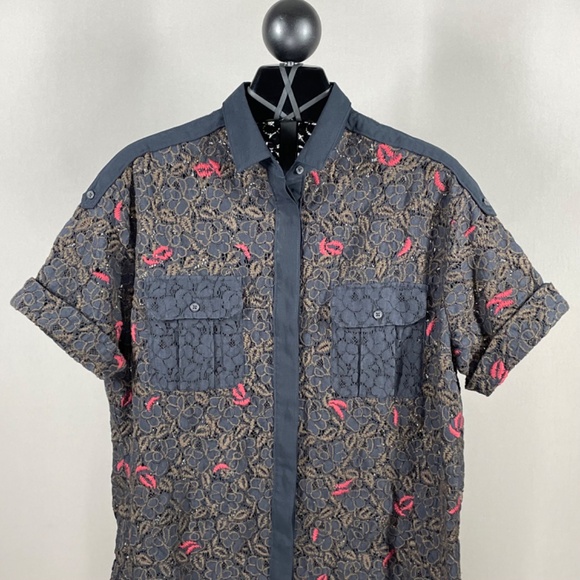 All Saints Shirt Womens 8 black brown floral lace Leela button up tunic dress - Picture 2 of 8